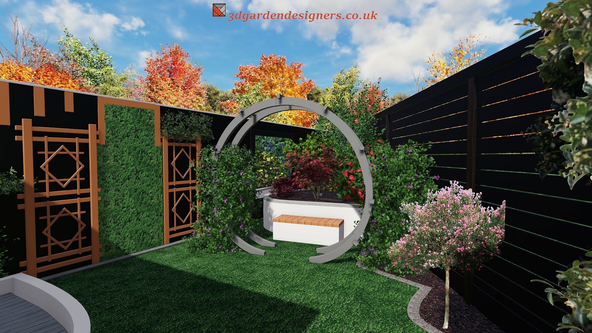 A garden scene featuring a round metal structure, bench, green walls, and autumn trees.