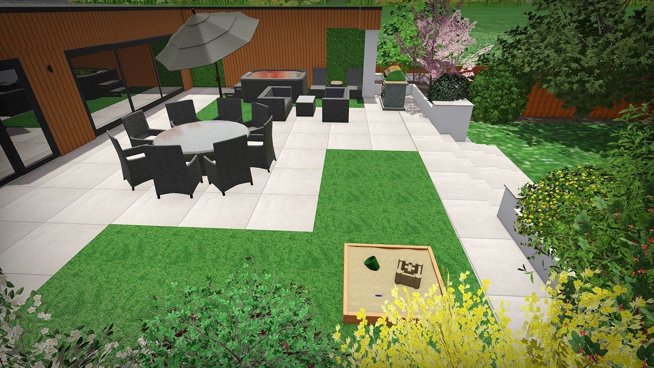 Modern backyard with patio, dining set, hot tub, sandbox, and lawn.