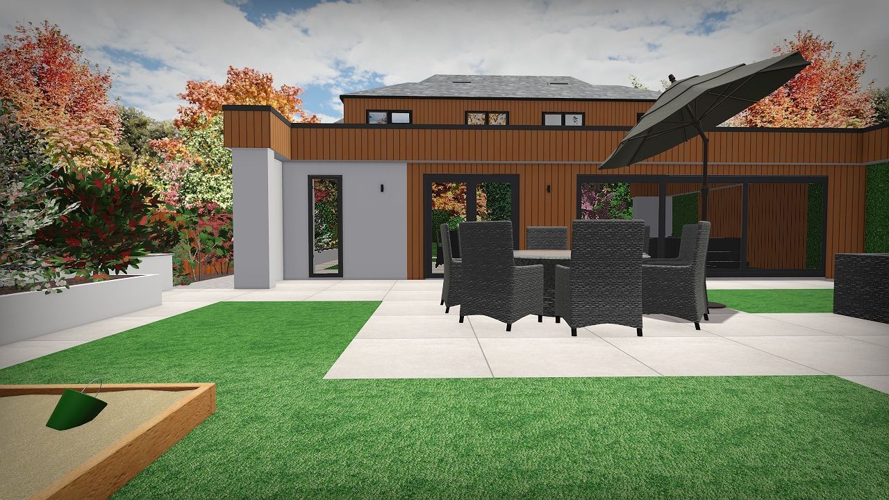 Backyard patio with dining set, umbrella, and modern house with wood paneling.