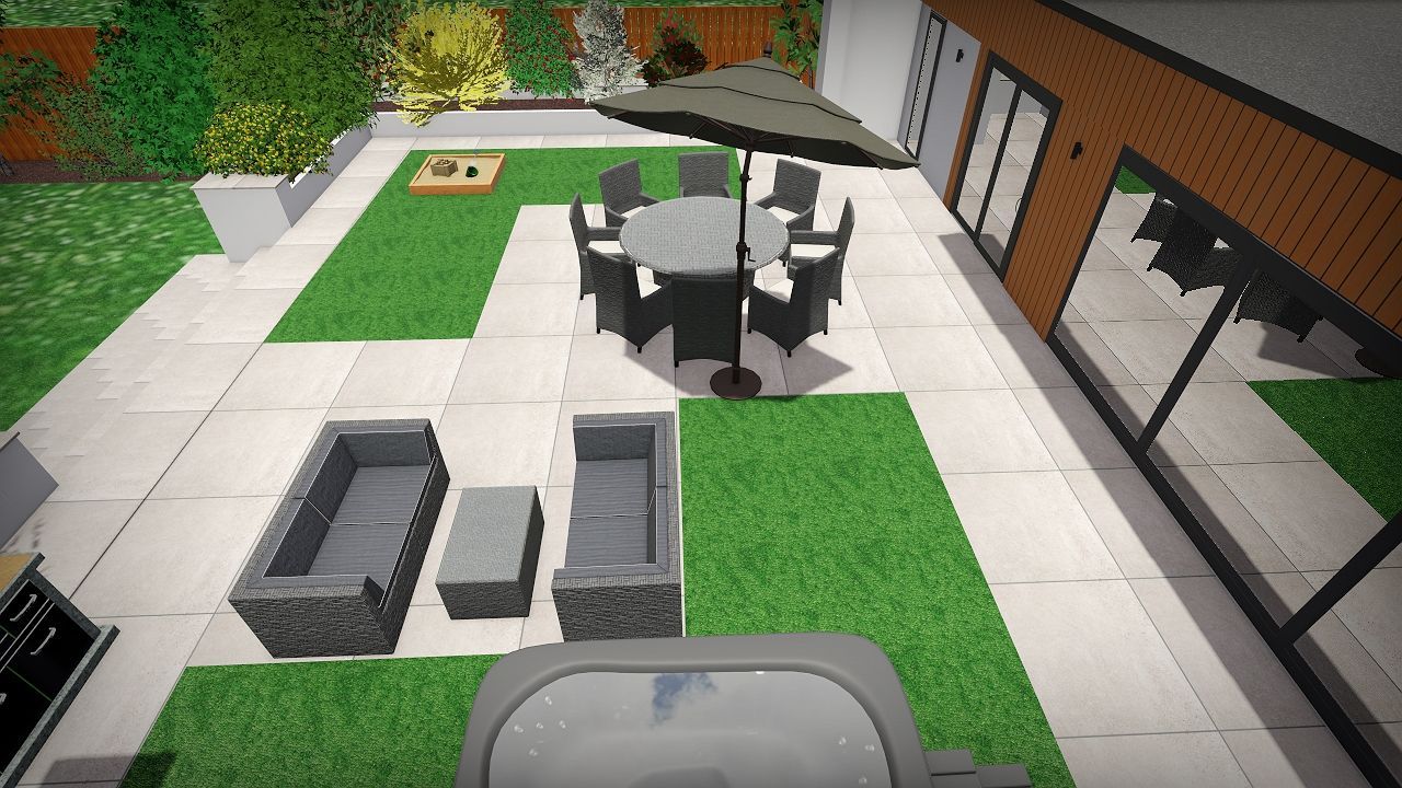 Modern backyard with patio, seating, dining area, and lawn.