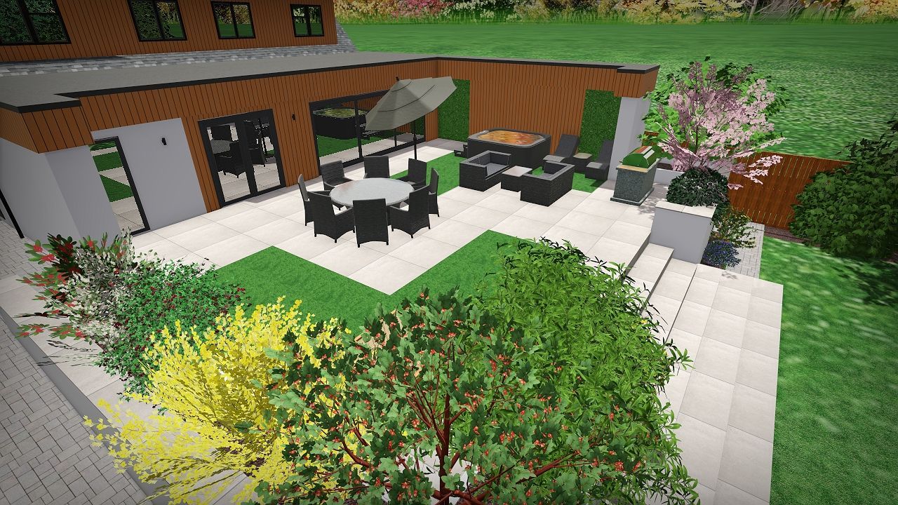 Backyard patio with outdoor furniture, green grass, and garden beds; a modern home in the background.