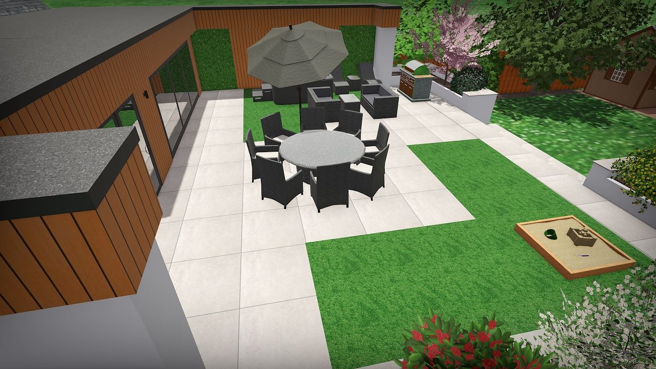 Outdoor patio with seating areas, lawn, and cornhole game.