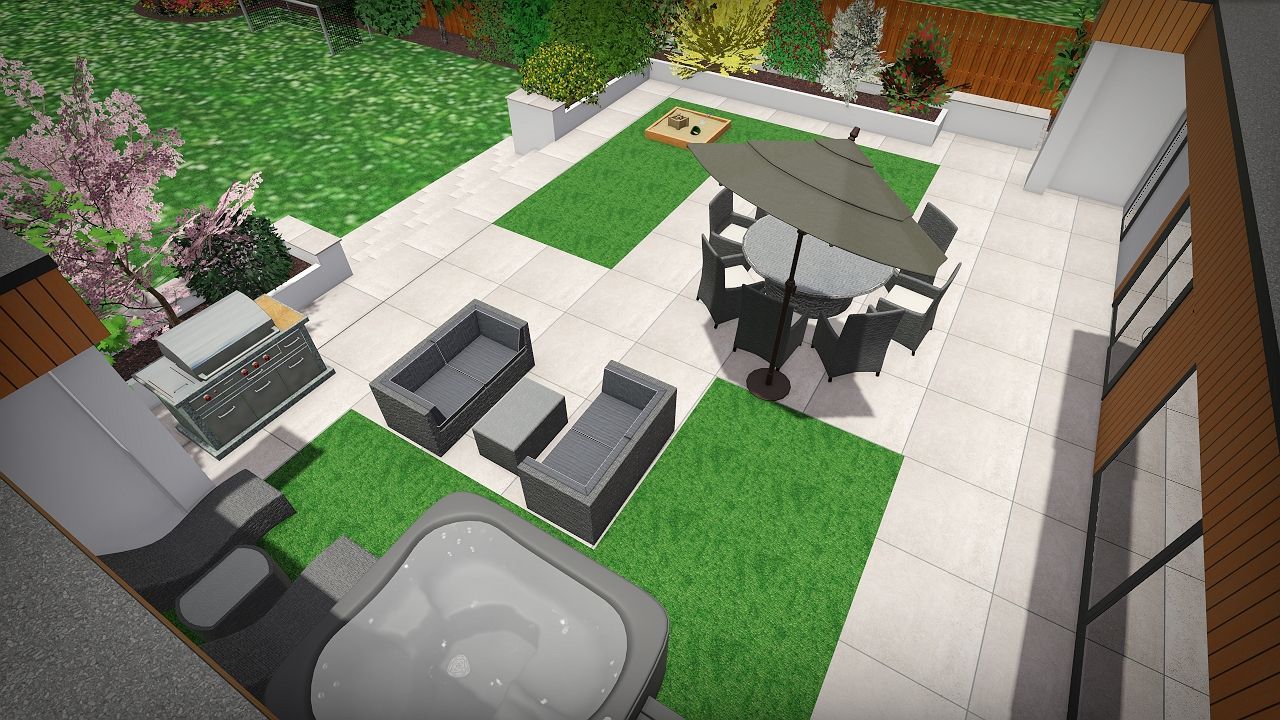 Overhead view of a modern backyard with patio, lawn, seating area, hot tub, and dining set under an umbrella.