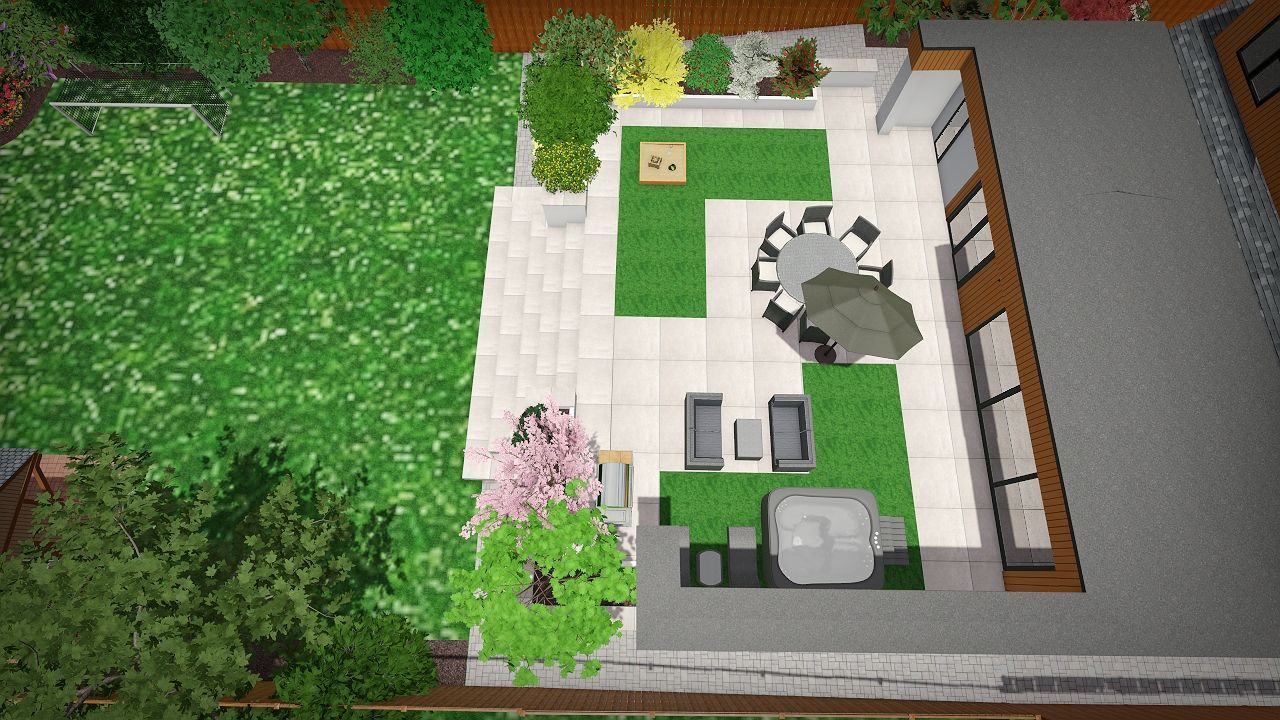 Overhead view of a modern patio with a dining area, planters, and a grassy section.