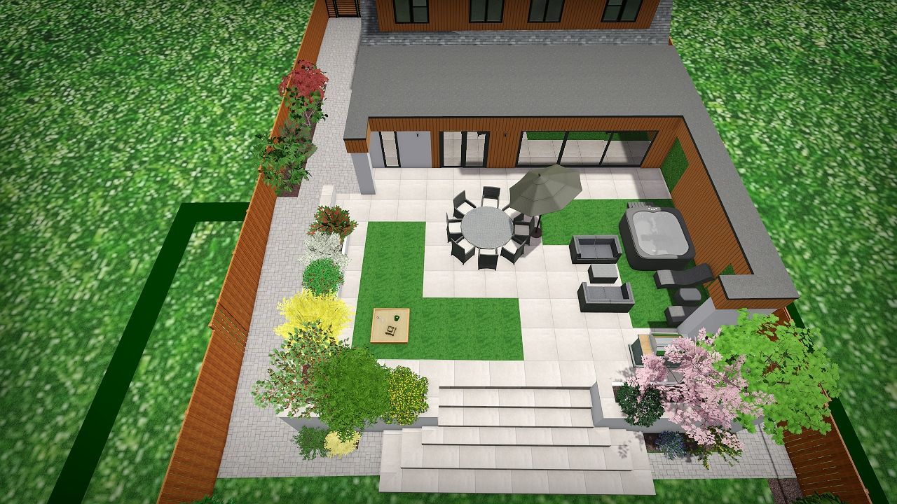 Overhead view of a modern backyard design with patio, lawn, seating, jacuzzi, trees, and a house.