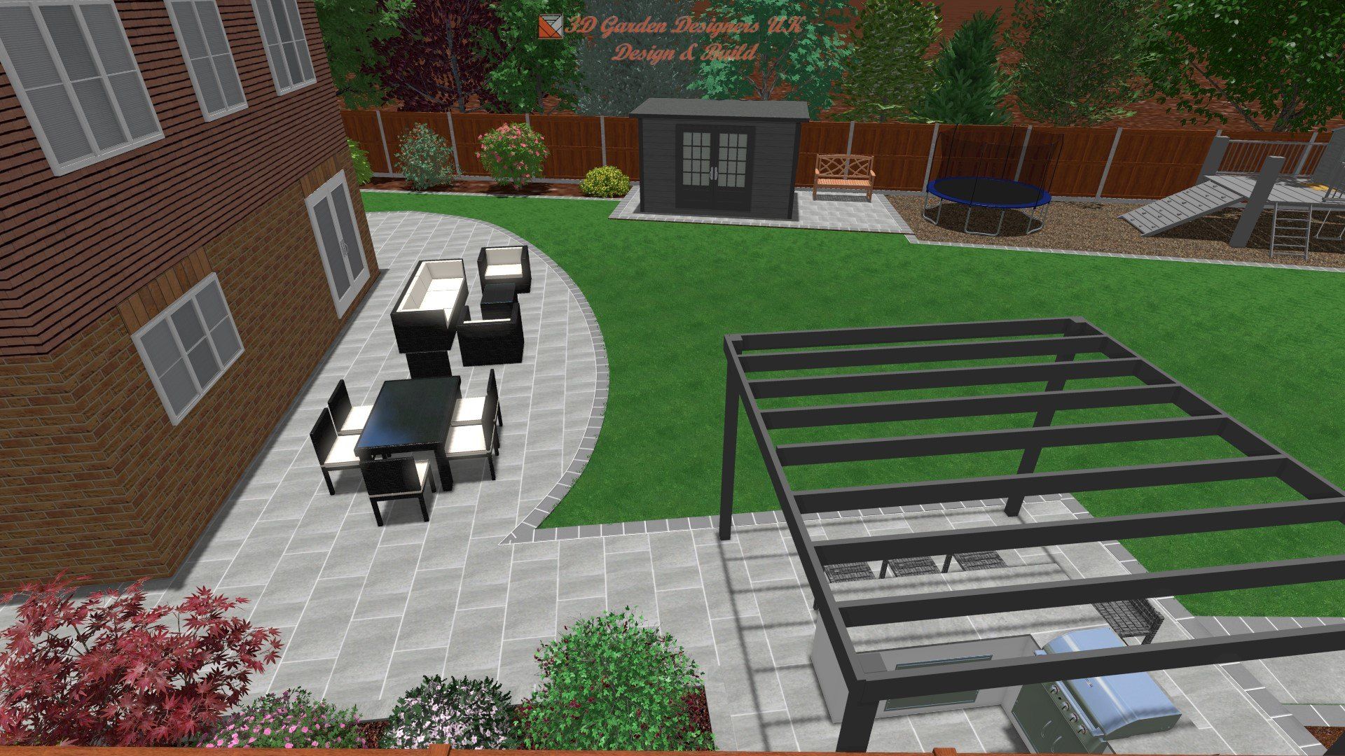 Backyard with patio furniture, pergola, shed, and swing. Brick house on the left, lush green lawn.