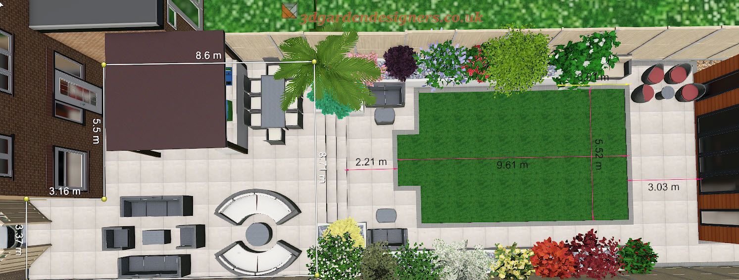 Overhead view of a modern patio design with a brown awning, seating areas, a grass section, and plants.