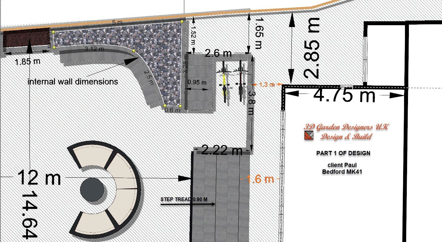 Overhead plan of a garden design, with measurements and various paved and planted areas.