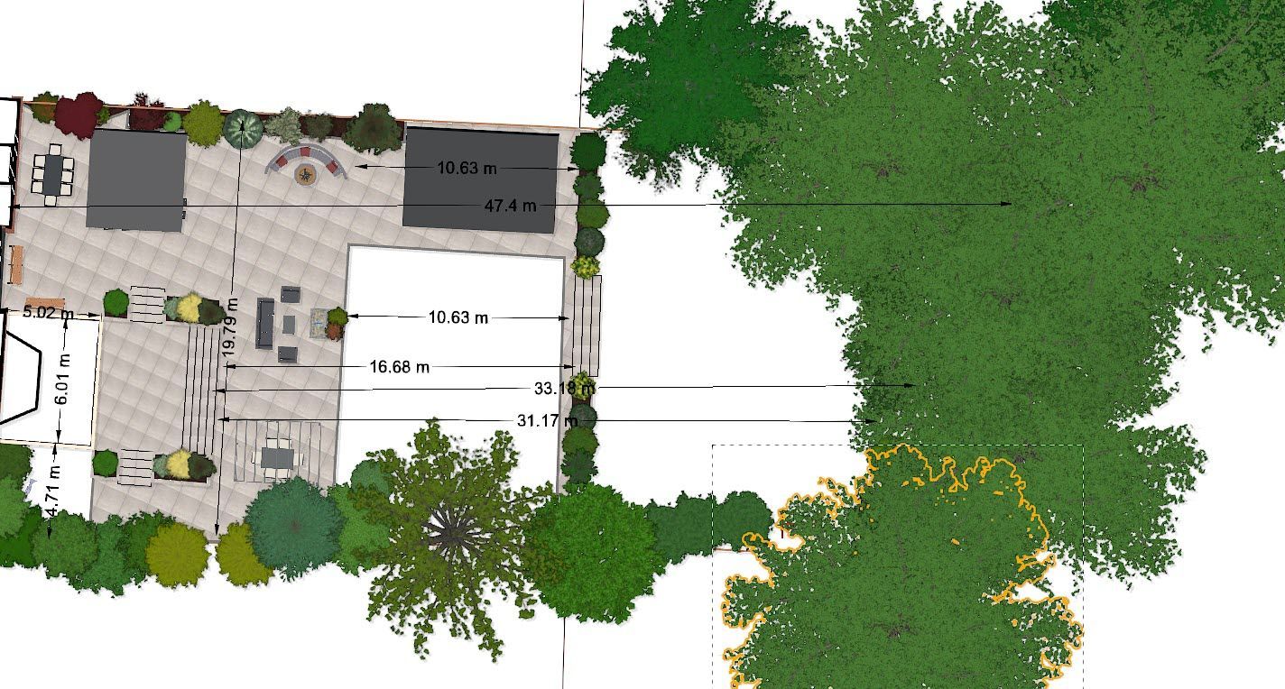 Overhead view of a patio with furniture, a pool, and surrounding landscaping.