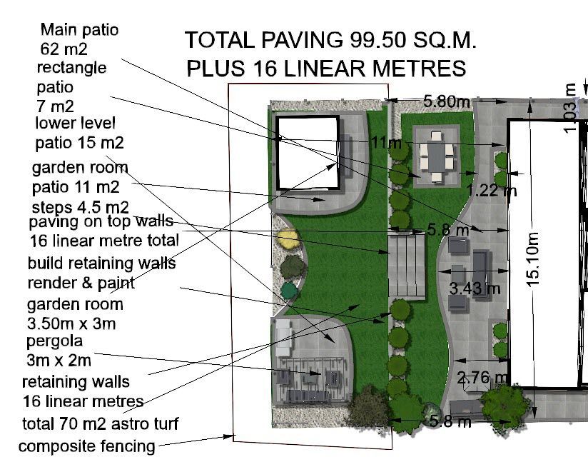 Overhead view of a garden design plan with labeled patios, a pergola, and garden room.