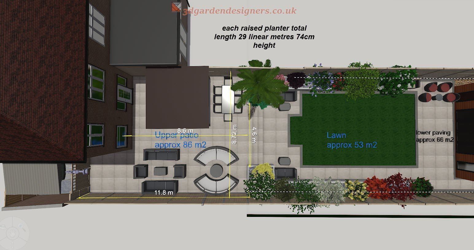 Overhead view of a modern garden design with patio, lawn, and various plants.