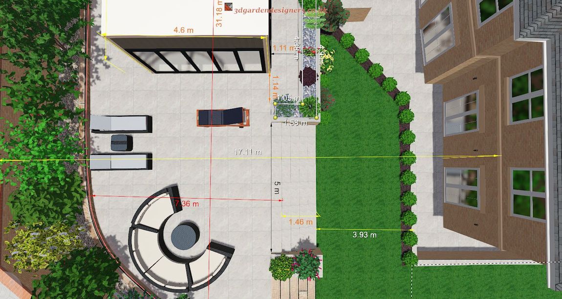 Overhead view of a modern backyard with patio, seating area with fire pit, garage, and landscaping.
