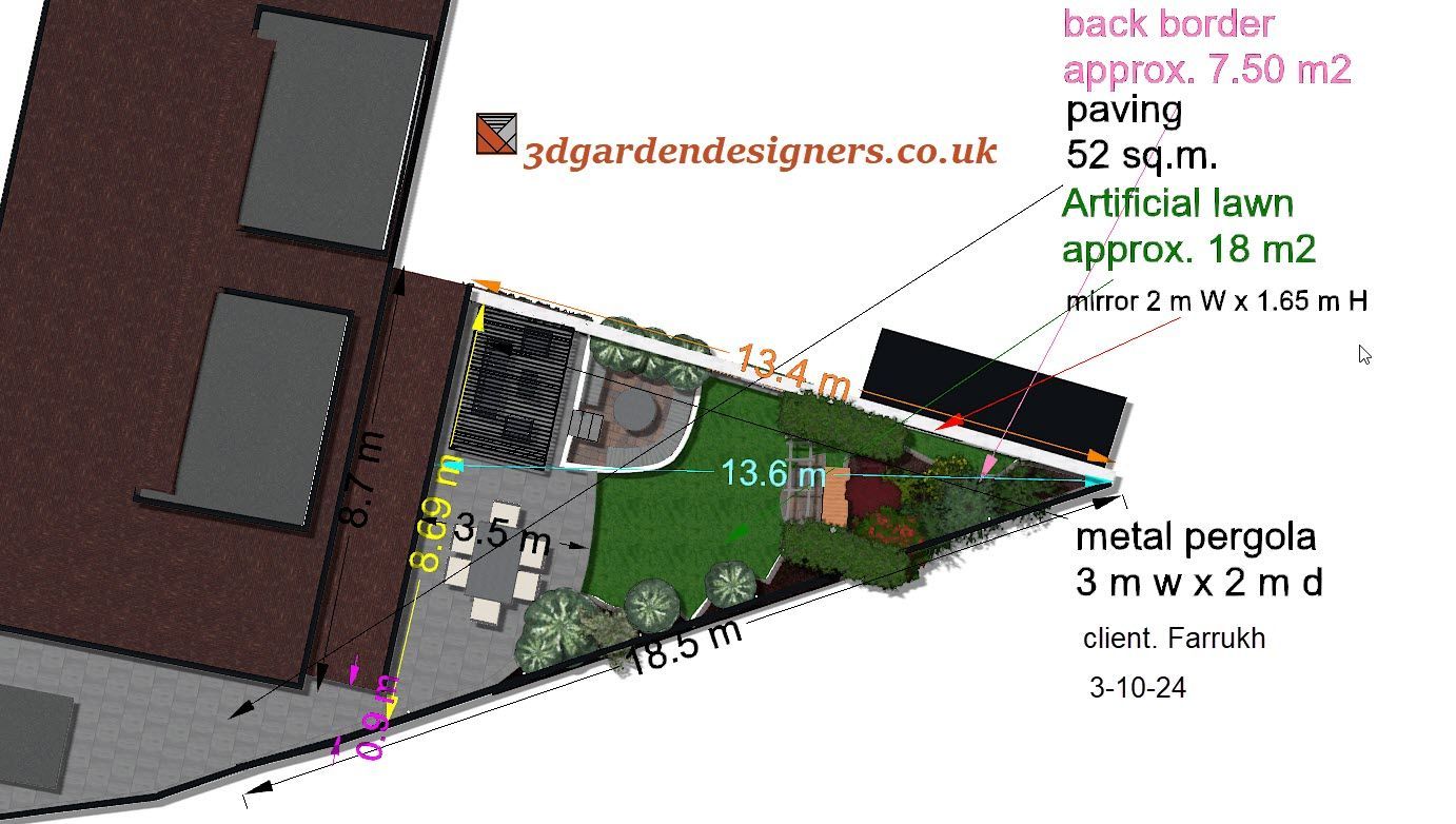 Garden design plan with paving, artificial lawn, metal pergola, and borders.