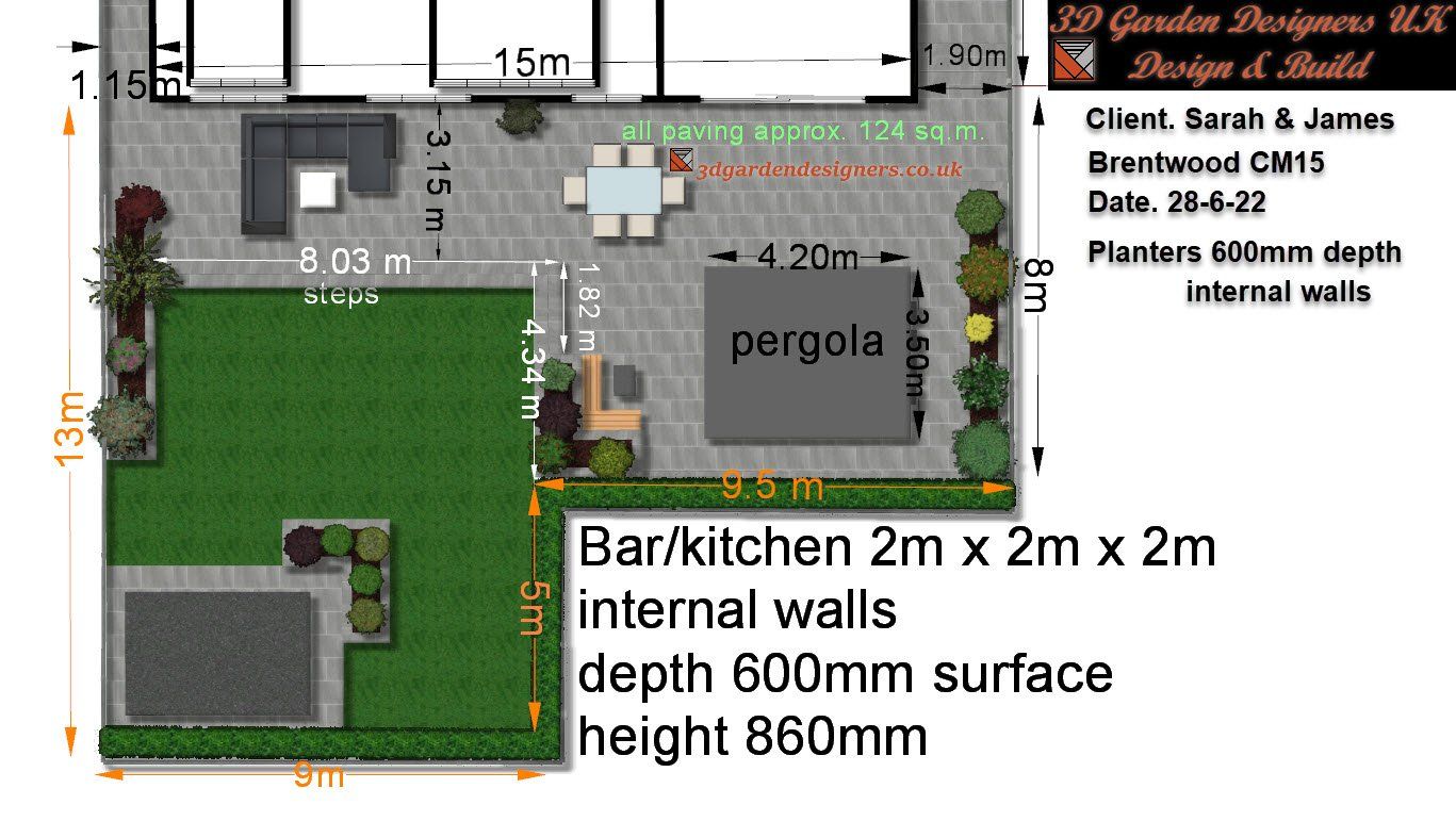garden plans Overhead plan of a garden design with a patio, pergola, lawn, and bar/kitchen area.