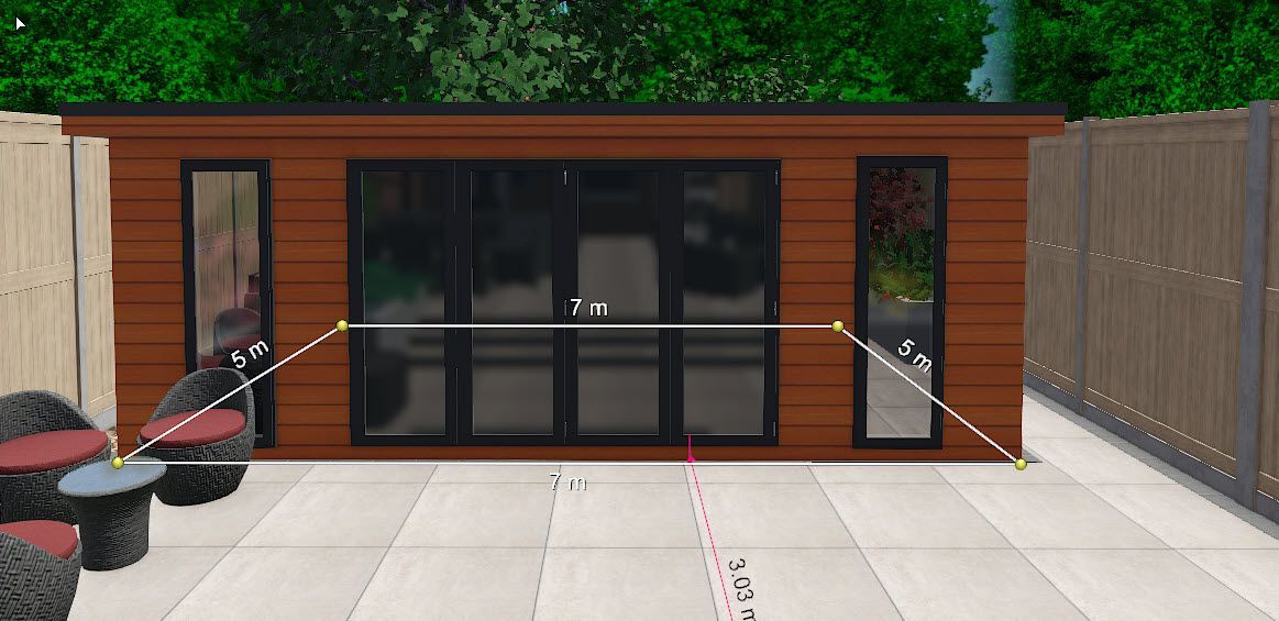 Wooden cabin with glass doors, a patio, and outdoor seating. Brown, black, and green are prominent colors.