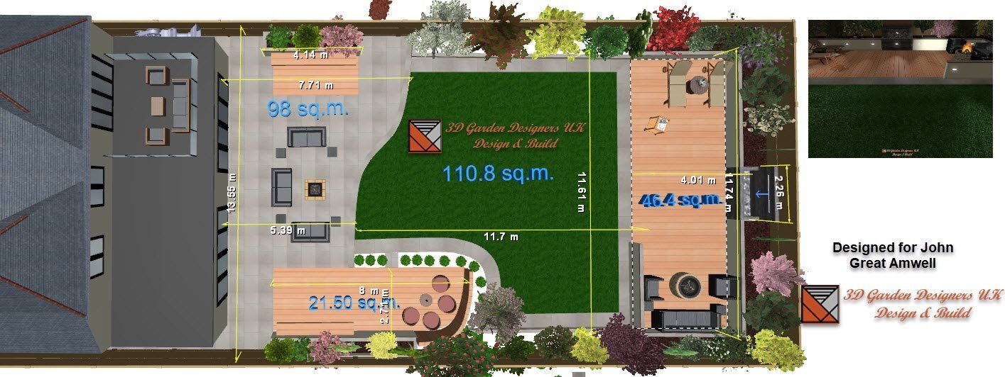 Top-down view of a garden design, showcasing a green lawn, seating areas, and a building on the left.