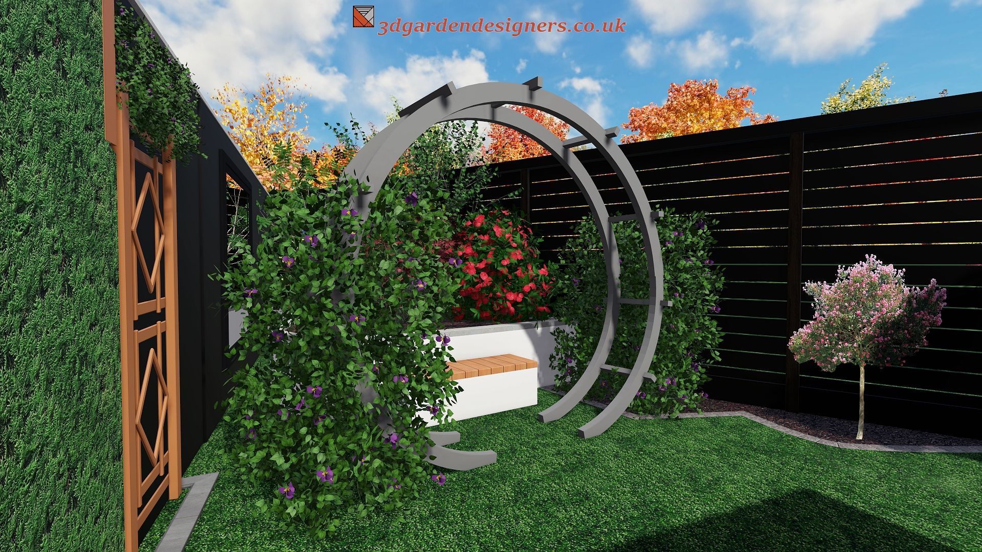 A garden with a circular archway, green bushes, a white bench, and dark fences. Sunny day.