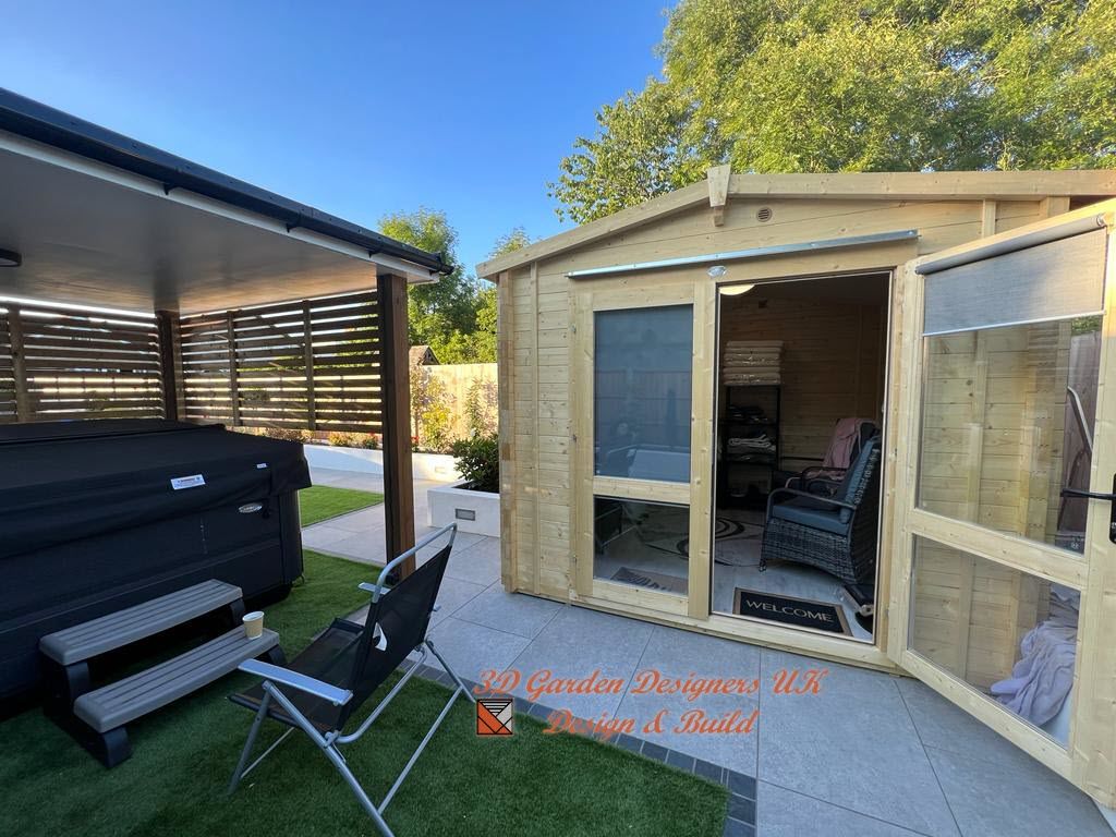 A backyard scene with a hot tub, shed, patio, and chair on a sunny day.