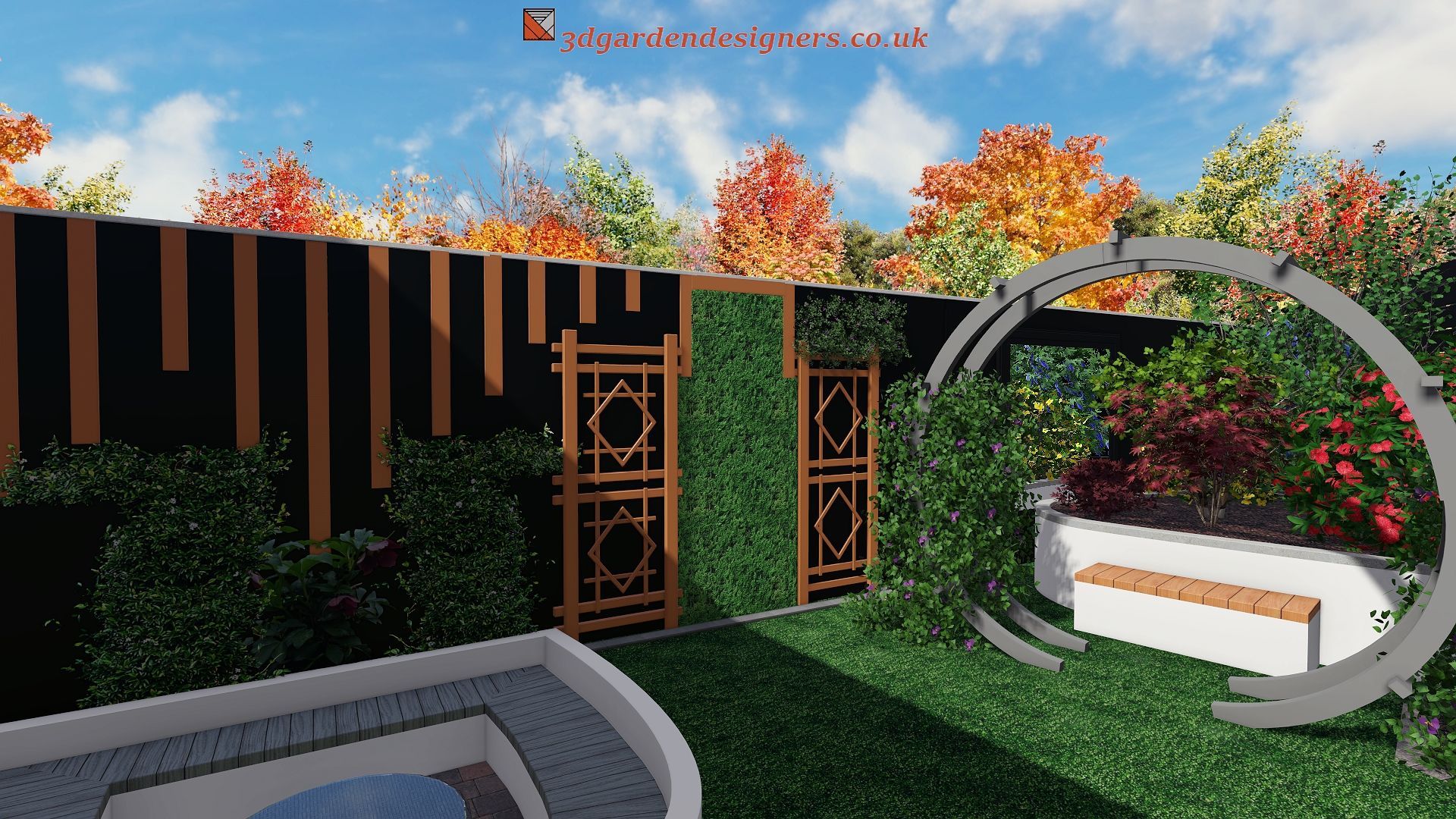 A garden scene with a black and wooden fence, a decorative gate, and autumn foliage.