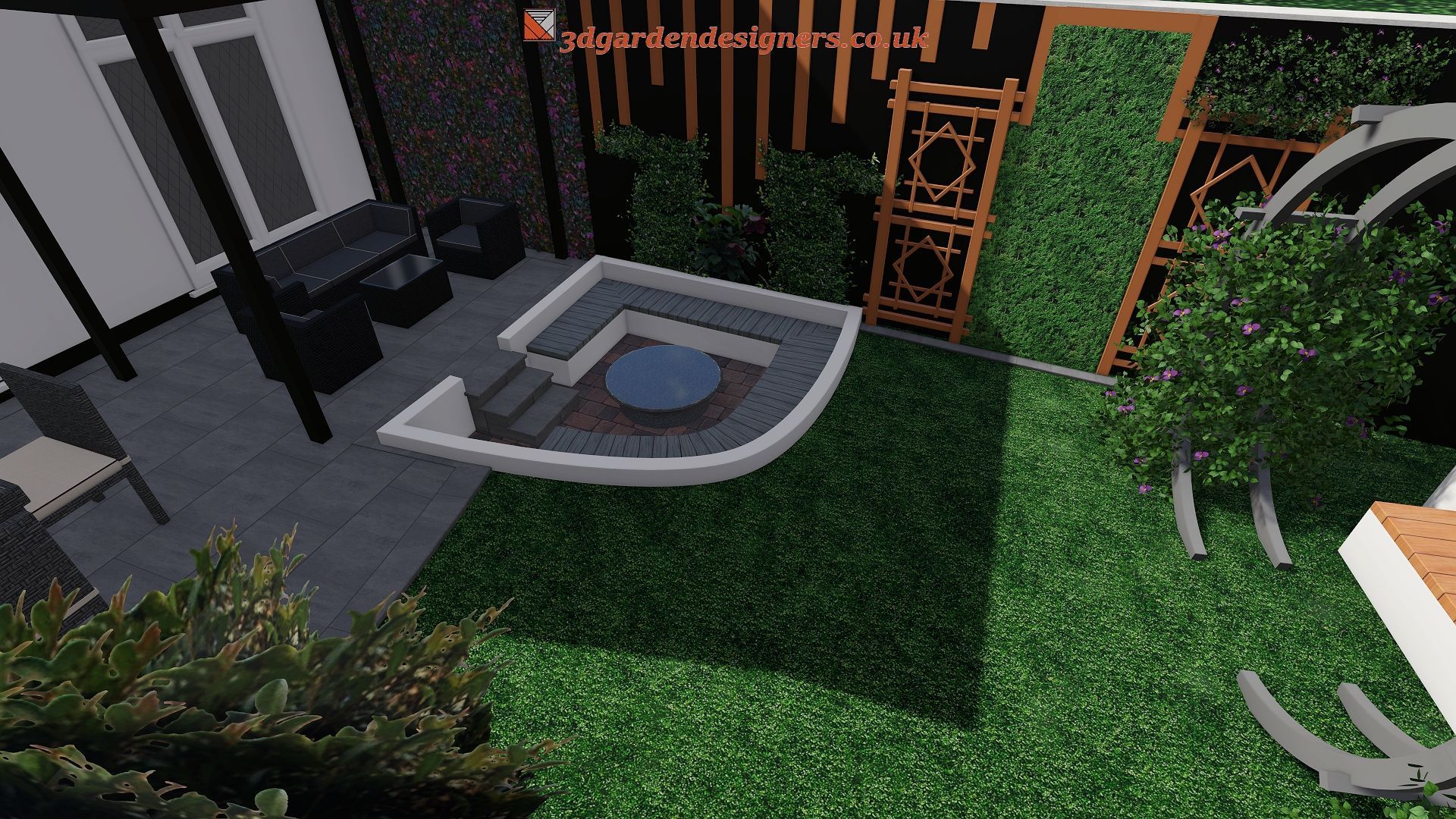 Overhead view of a modern patio with seating around a fire pit, surrounded by grass and decorative greenery.