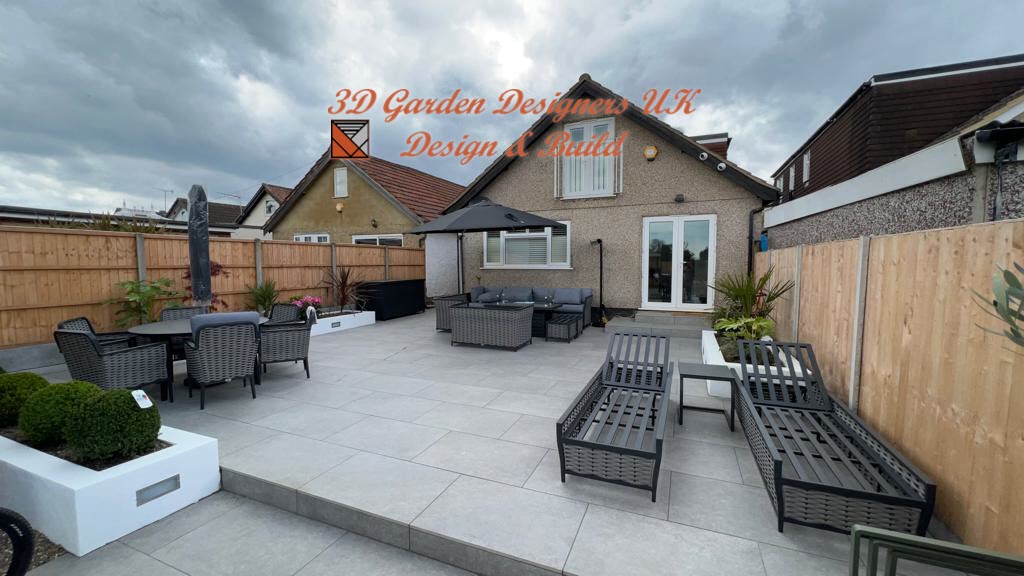 Backyard patio with lounge furniture, umbrella, and a house, under a cloudy sky.
