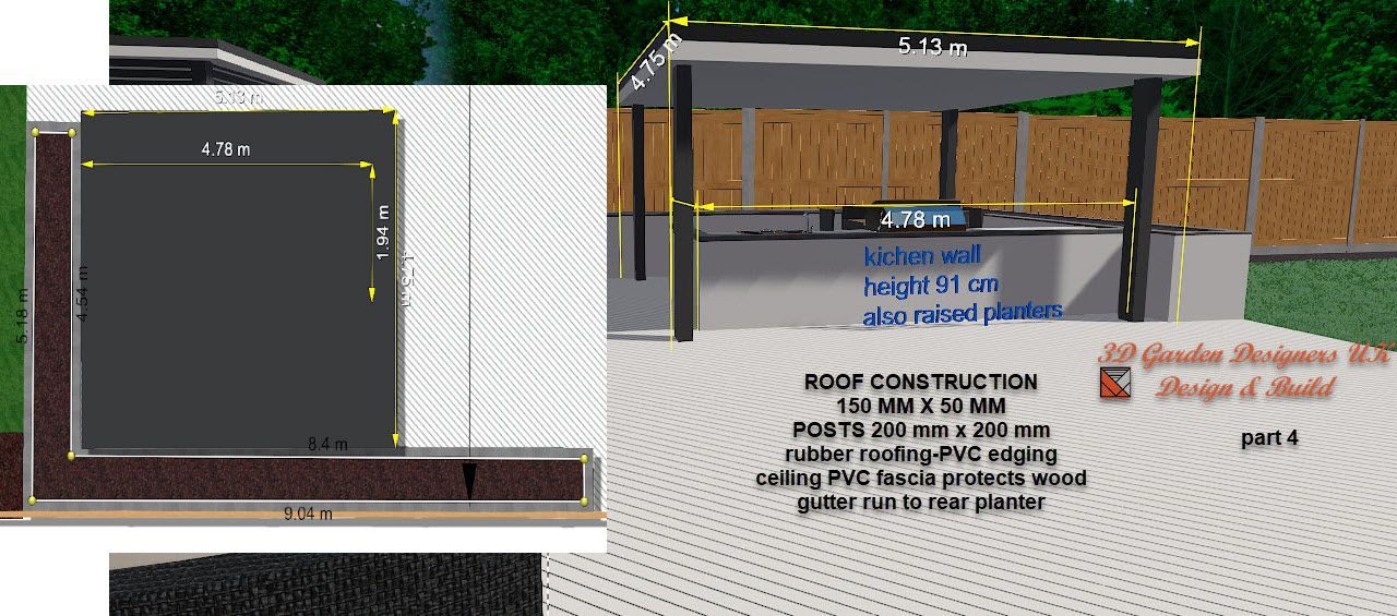 Diagram of outdoor kitchen with dimensions and roof construction details.