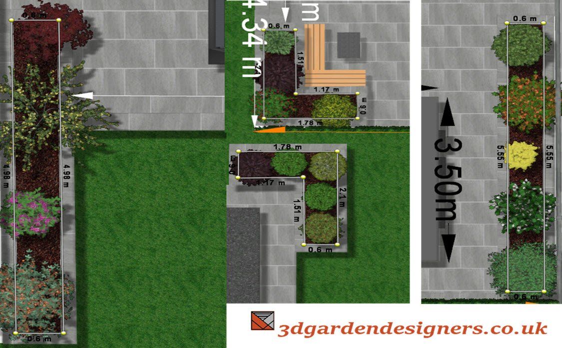 garden plans Top-down view of a modern garden design with planting beds, a bench, and gray paving.