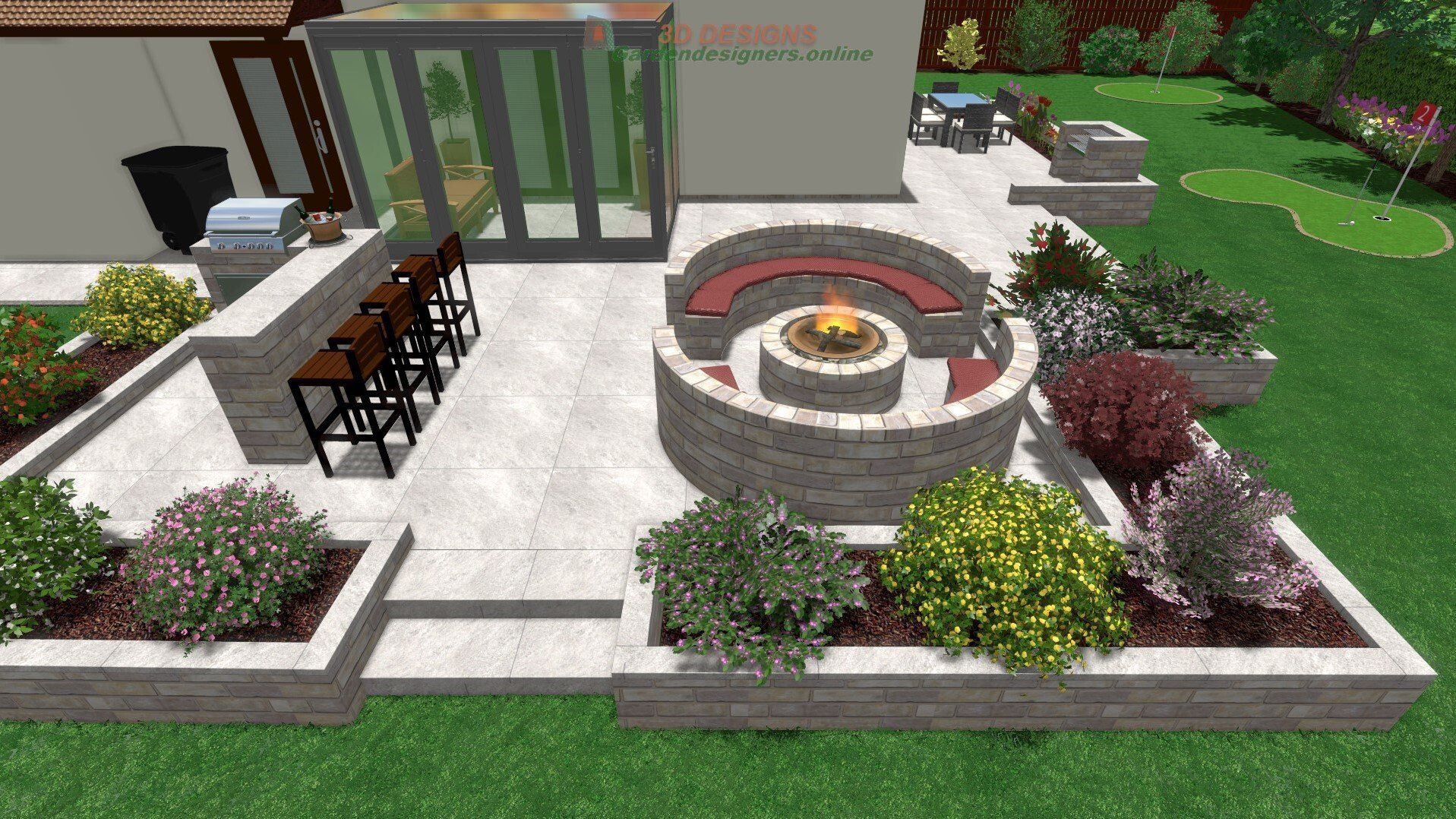 Outdoor patio design with fire pit, bar, seating, and putting green.