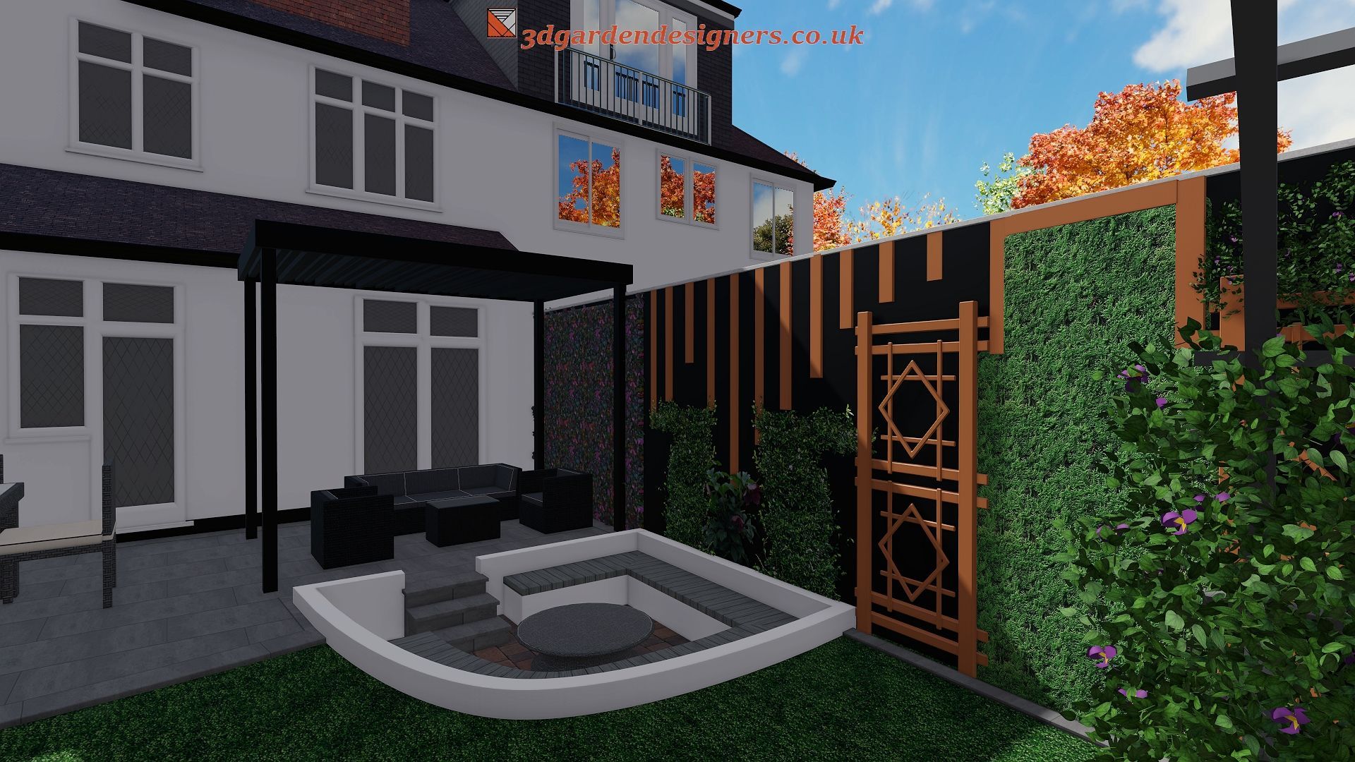 Backyard with seating area, green wall, and modern design, with a white house in the background.