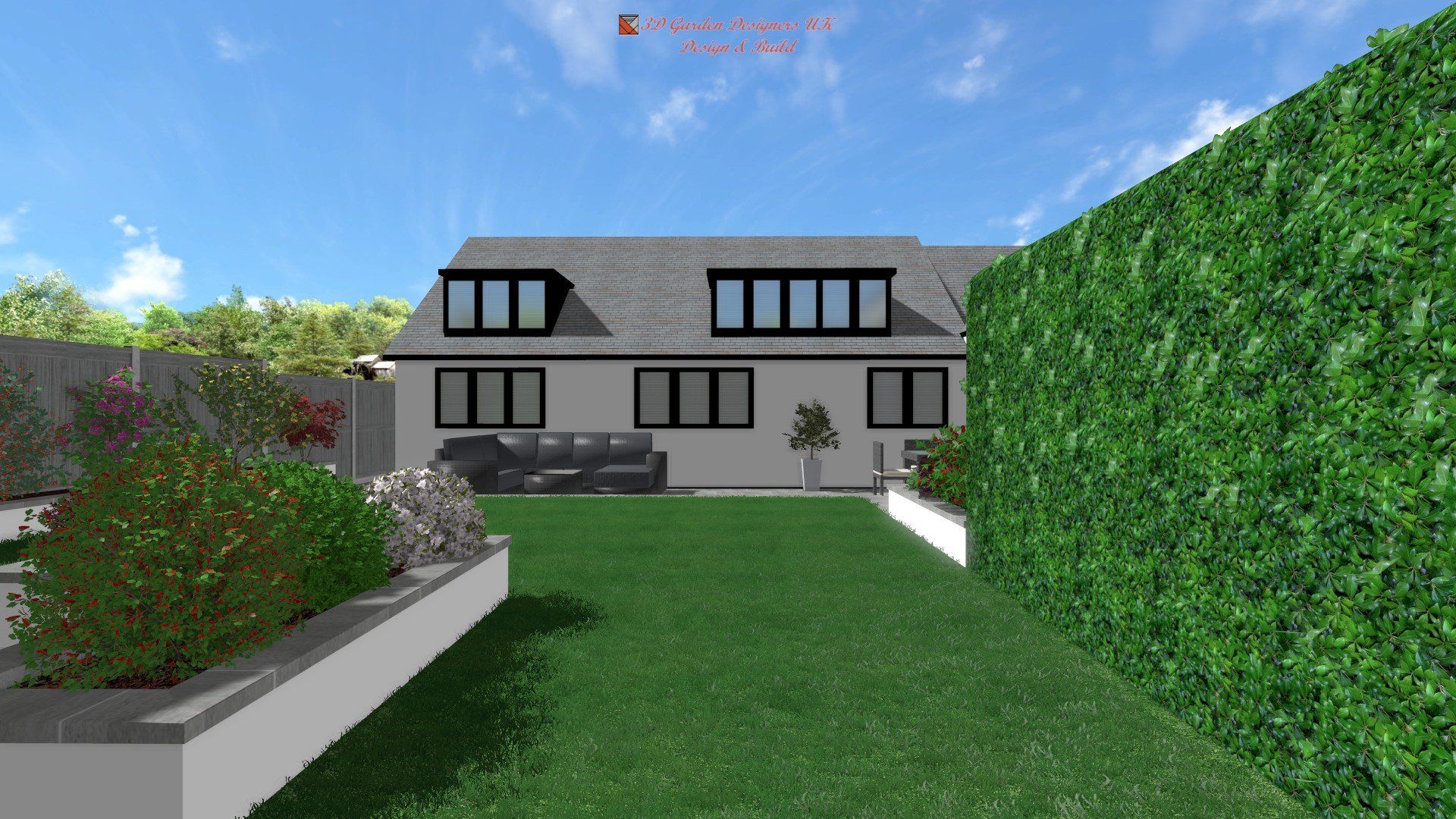 Backyard landscape design with house, green grass, hedge, and flower beds.