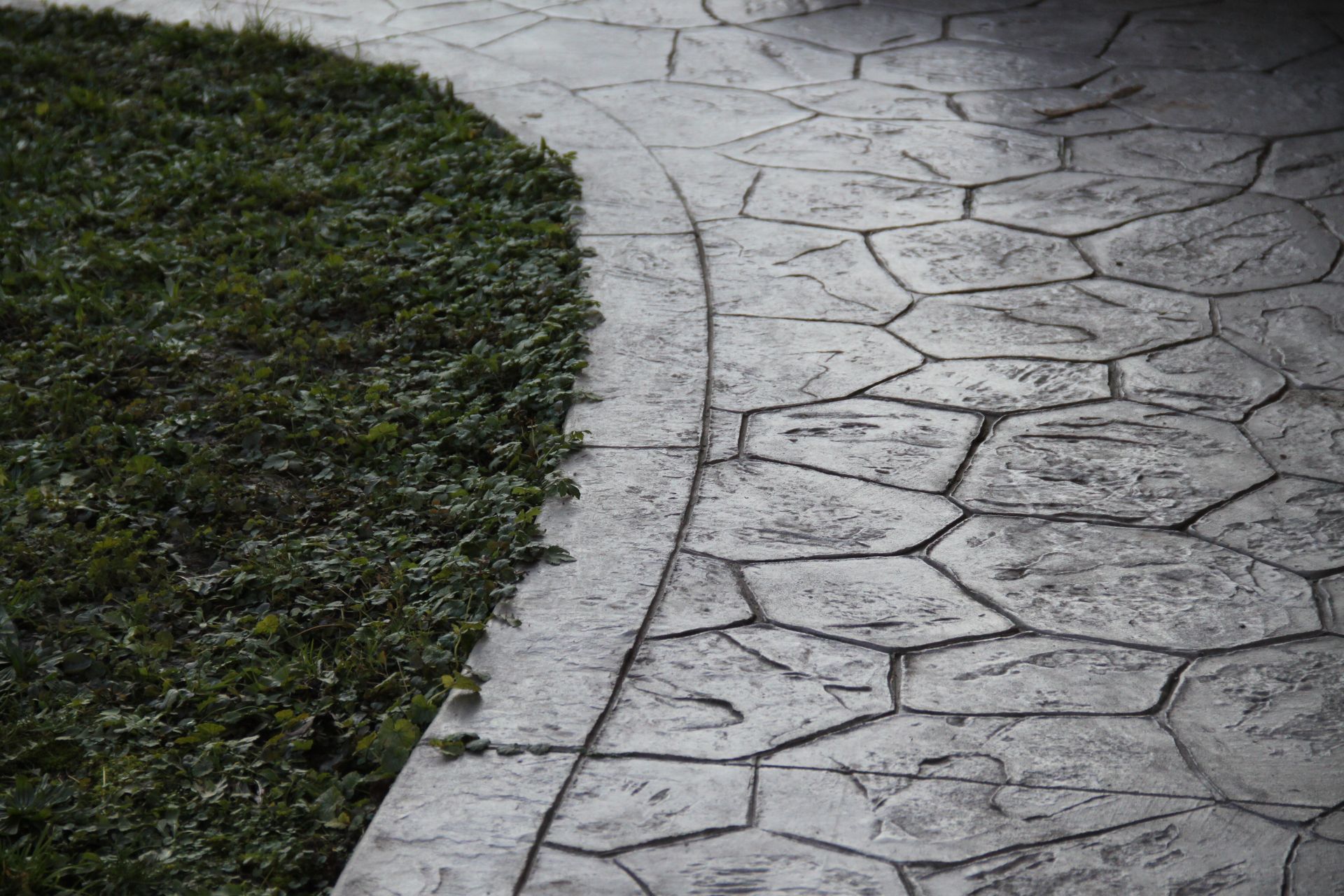 Curved stamped concrete pathway with stone-patterned decorative surface.