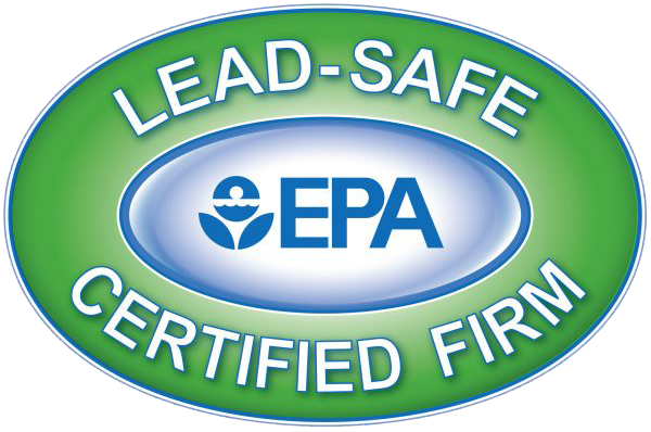 An oval logo for an EPA Lead-Safe Certified Firm with blue text on a green background.