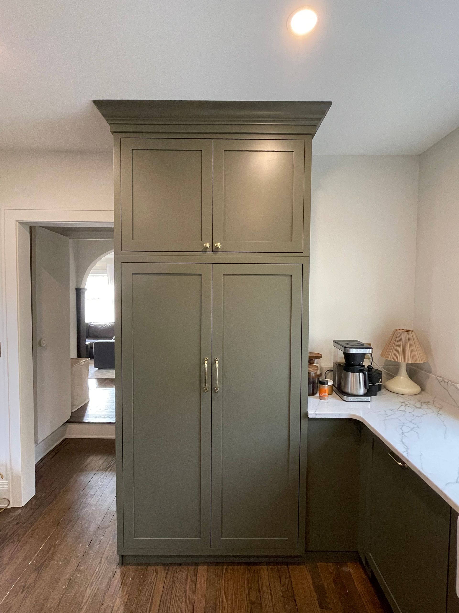 Olive green floor-to-ceiling kitchen cabinets with silver hardware next to a white countertop in a bright room.