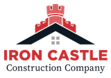 Logo for Iron Castle Construction Company featuring a red castle tower atop a dark blue roof gable.
