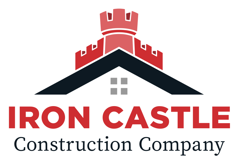Logo for Iron Castle Construction Company featuring a red castle tower atop a dark blue roof gable.