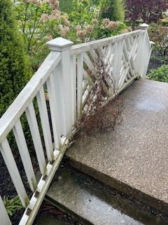 A white wooden railing on stone steps, with a dead, dried shrub resting against the structure in a garden setting.