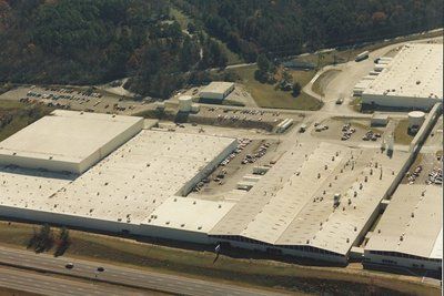 An aerial view of a large industrial area with lots of buildings
