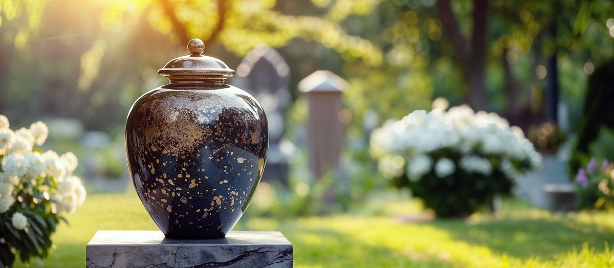 Dark ceramic urn on a pedestal in a sunlit garden with blurred white flowers in the background