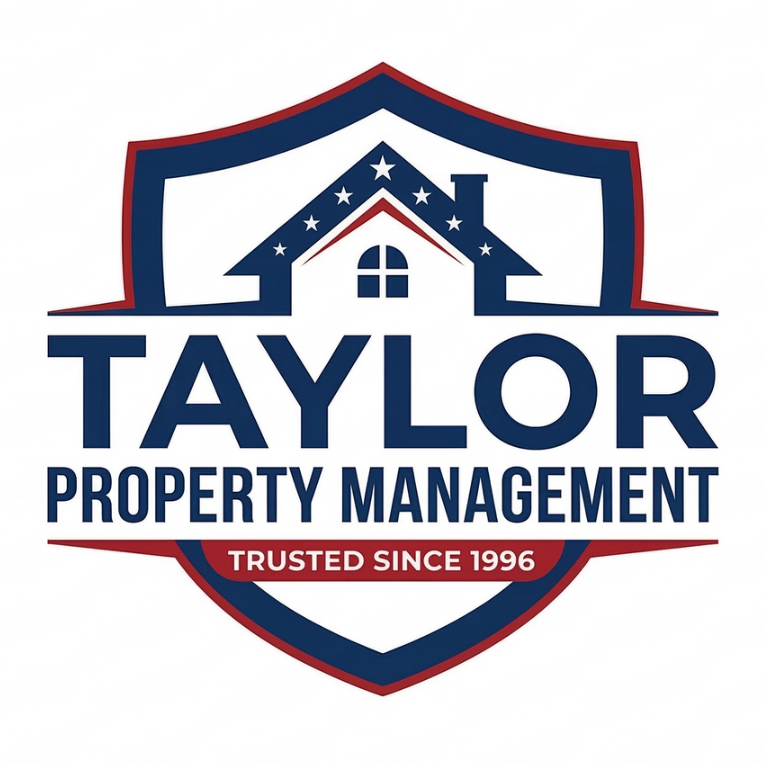 Logo for Taylor Property Management featuring a dark blue house outline with white stars on a shield, reading 