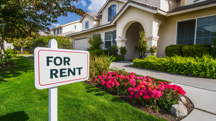 A for-rent sign stands in a grassy yard in front of a multi-story house with pink flowers and a concrete walkway.