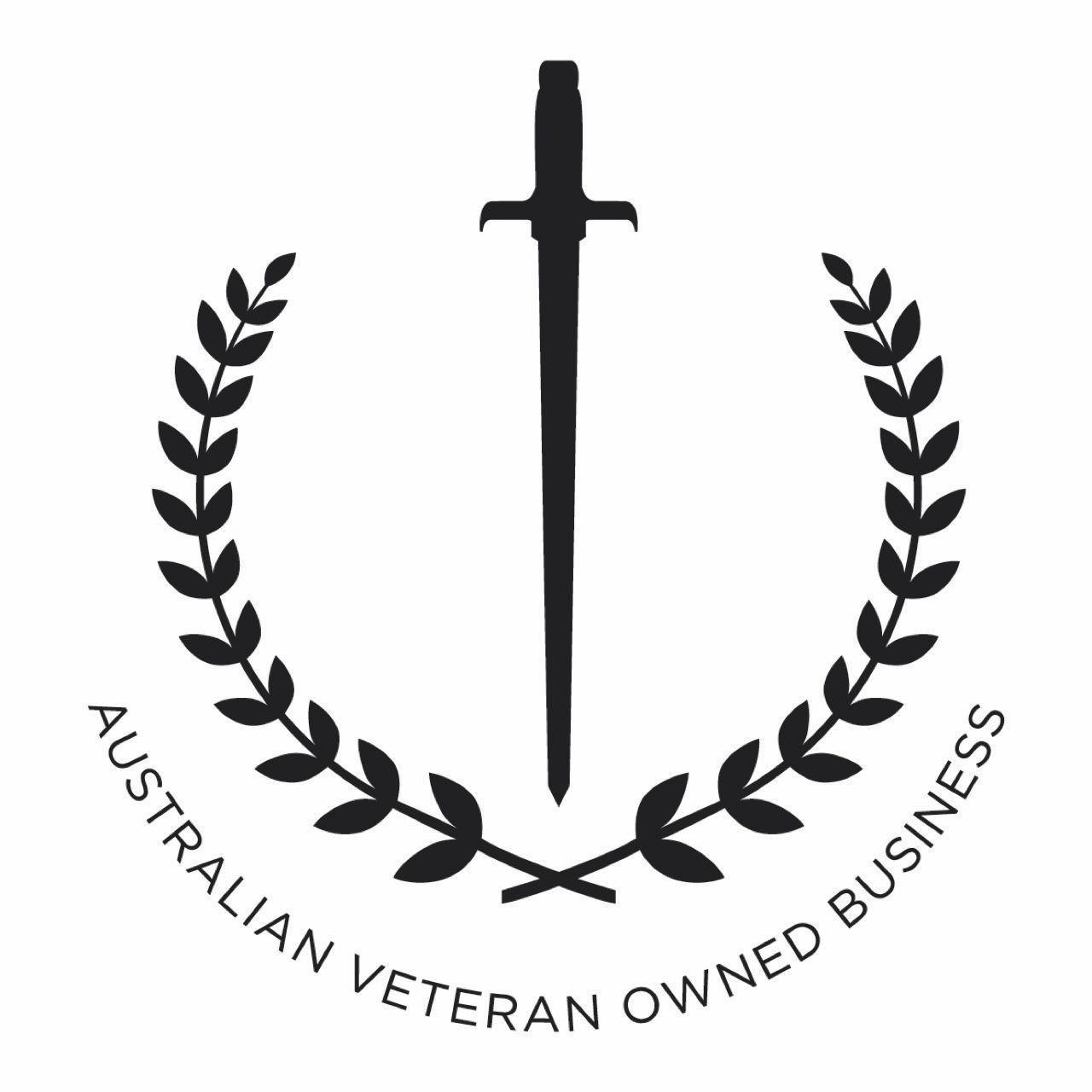 Black and white Australian veteran-owned business logo: a sword inside a laurel wreath, with text 