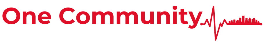 The word one community is written in red on a white background