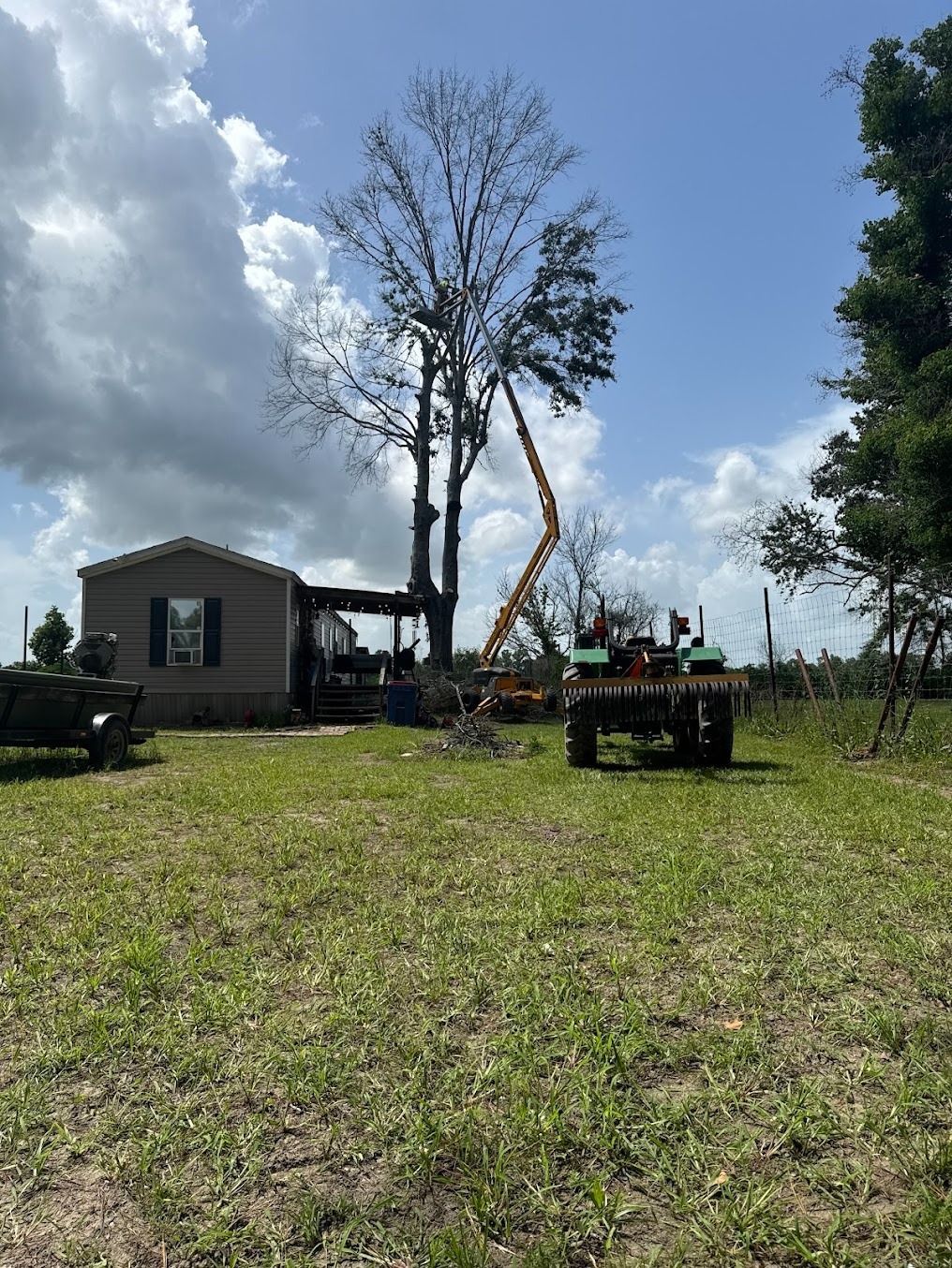Tree removal next to a small house under a cloudy sky