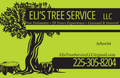 Eli’s Tree Service business card with black tree logo on lime green background and phone number 225-305-8204