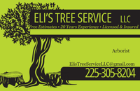 Eli’s Tree Service business card with black tree logo on lime green background and phone number 225-305-8204