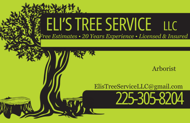 Eli’s Tree Service business card with black tree logo on lime green background and phone number 225-305-8204