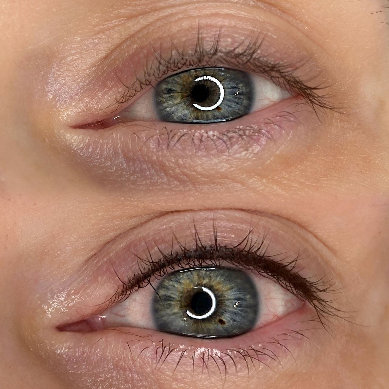 Eyes, before and after eyeliner, demonstrating the cosmetic procedure.