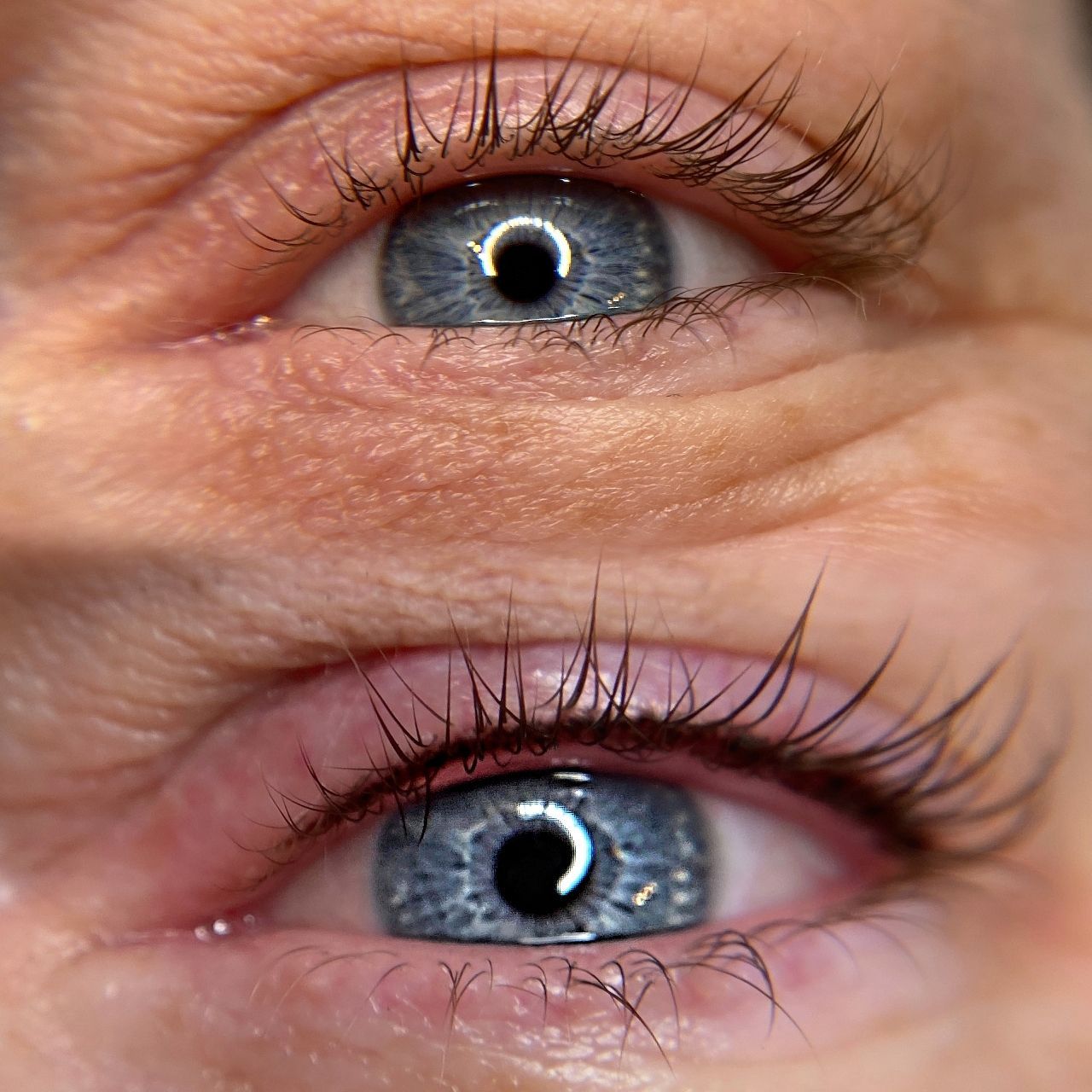 Before and after of a person's eye showing eyelid eyeliner; both have blue eyes and long eyelashes.