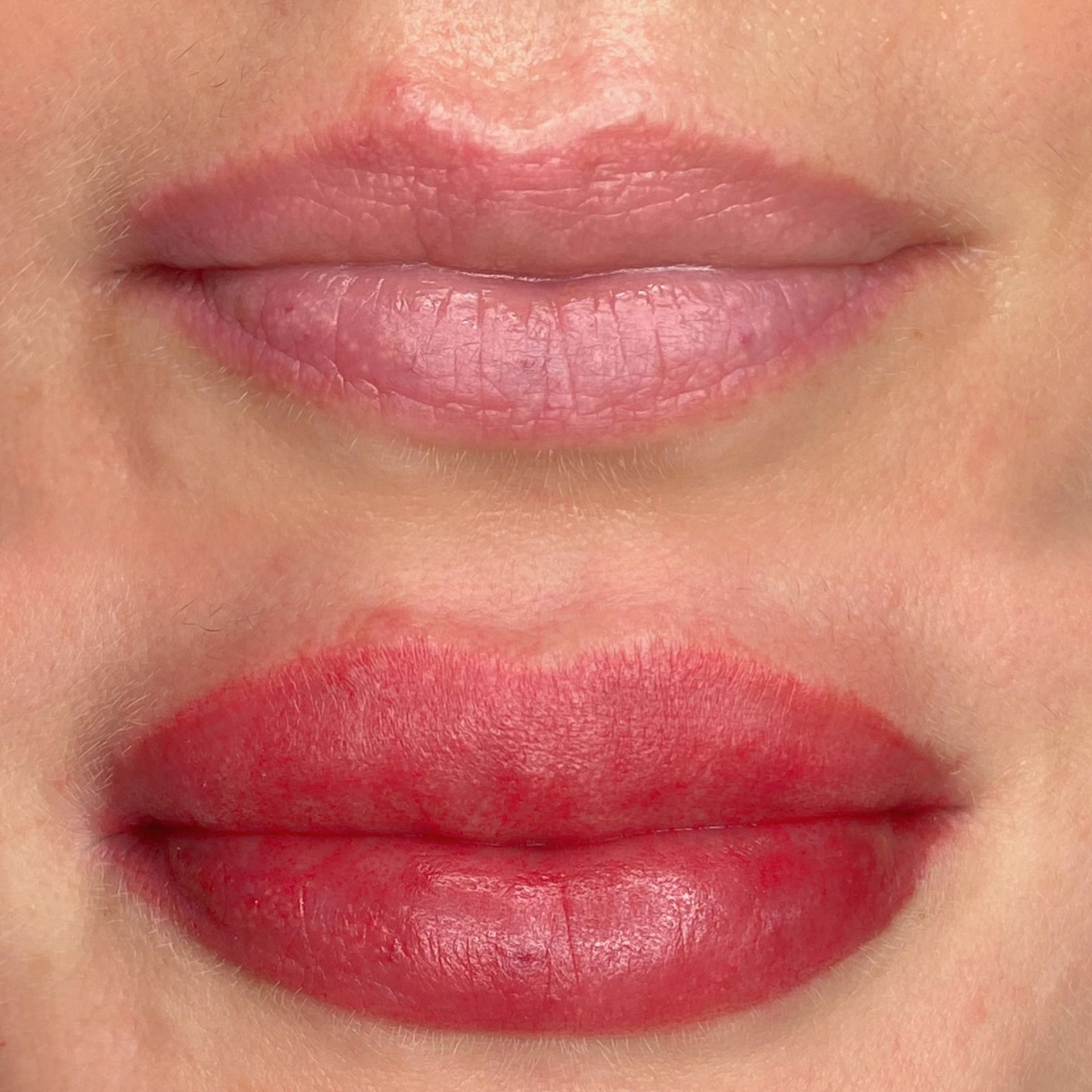 Before and after comparison of lips; top shows pale pink lips, bottom shows red, fuller lips.