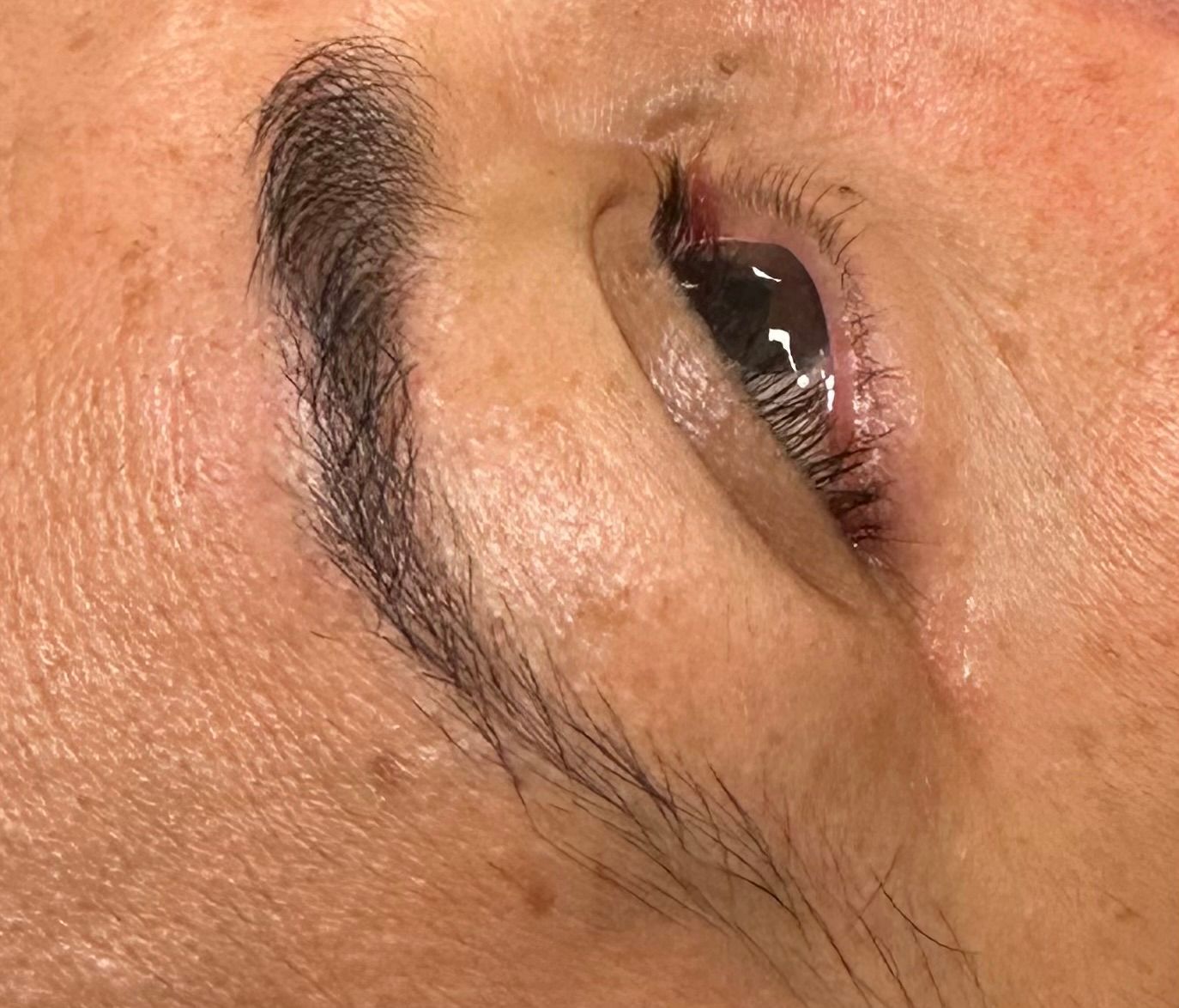 Close-up of a person's eye and eyebrow. The eyebrow is dark and defined. The eye is open, with visible eyelashes.